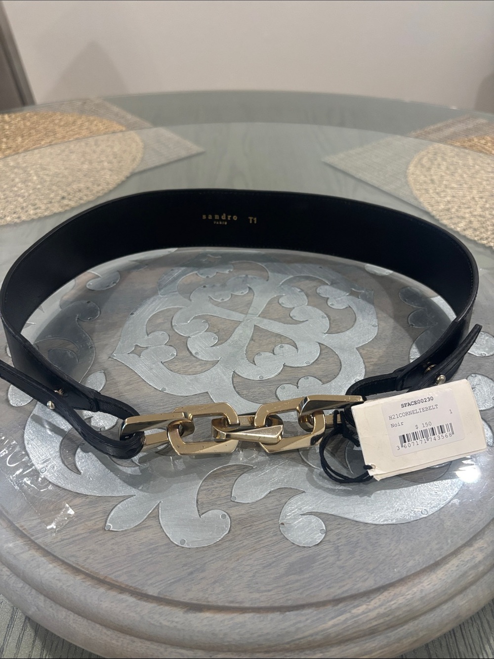 Sandro Paris T1-Black Leather Belt with Gold Chain-Link Accent